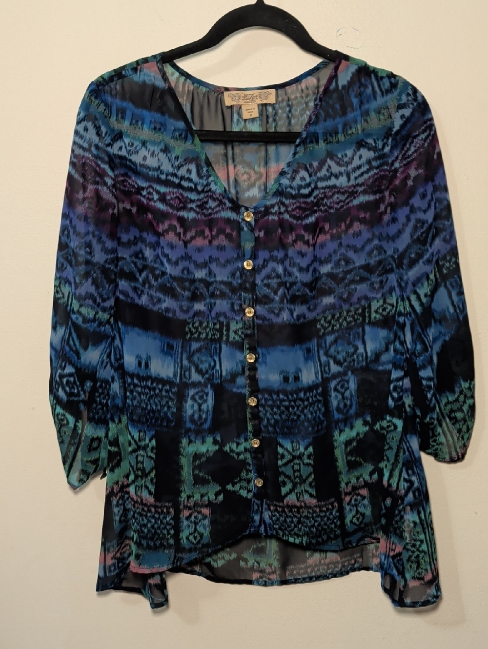 Nine West Colorful Boho Blouse Blue Green Purple Button-Up Sheer Women's Size S